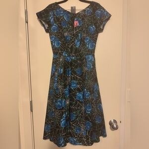 NWT Vixen by Micheline Pitt Blue Rose and spiderweb Print Dress w/belt Medium
